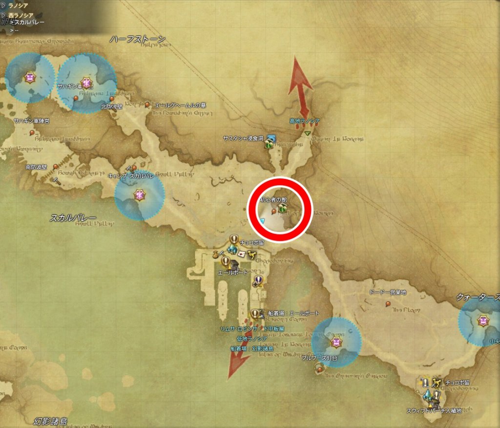FF14の初心者の館の場所を示したマップ。