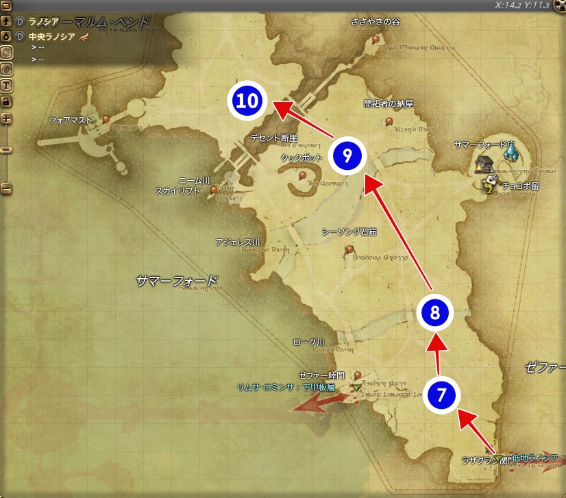 FF14の双剣士の討伐手帳レベル１での中央ラノシア進行ルート